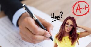 Paper and a confused girl with sticker of exam grades