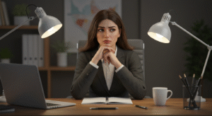 A young Pakistani woman in a formal office suit sitting at a desk with a laptop, notebook, and coffee cup, looking confused and thoughtful, as if wondering how to start a business.