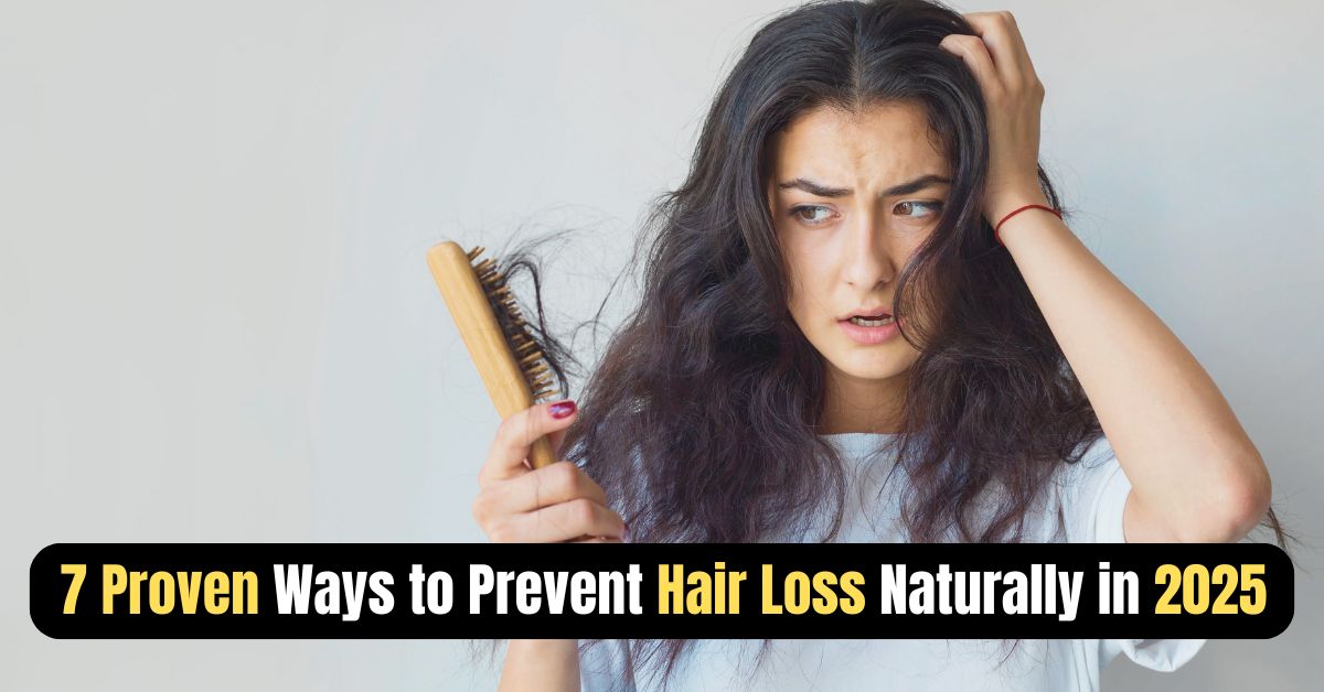 Worried woman holding a hairbrush full of hair, with text overlay: '7 Proven Ways to Prevent Hair Loss Naturally in 2025.