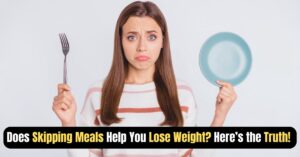 A Young woman holding an empty plate and fork with a confused expression, illustrating the question: Does skipping meals help with weight loss?