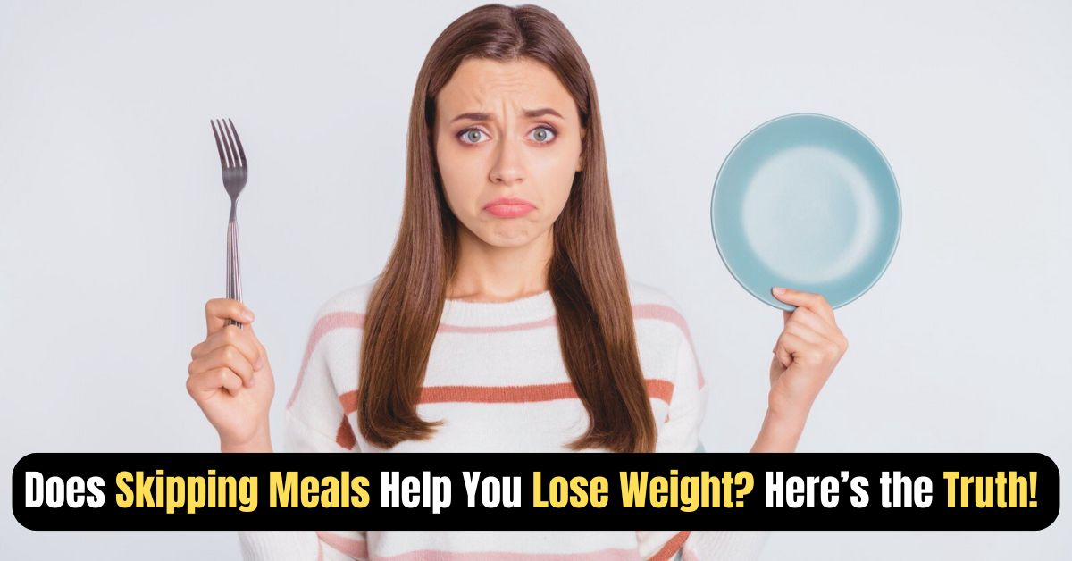 A Young woman holding an empty plate and fork with a confused expression, illustrating the question: Does skipping meals help with weight loss?