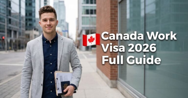 Young man standing in front of office holding work visa documents